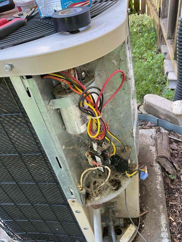 Responded to no cooling complaint on outdoor condensing unit. Upon inspection, discovered damaged electrical wiring in the unit's electrical compartment, with evidence of rodent activity causing chewed and compromised wire insulation. Repaired damaged wiring connections, secured all electrical connections, and verified proper voltage at capacitor and contactor. Cycled unit through complete operational test, confirming restored cooling function and normal amperage draw on compressor and condenser fan motor.