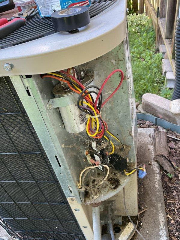 Responded to no cooling complaint on outdoor condensing unit. Upon inspection, discovered damaged electrical wiring in the unit's electrical compartment, with evidence of rodent activity causing chewed and compromised wire insulation. Repaired damaged wiring connections, secured all electrical connections, and verified proper voltage at capacitor and contactor. Cycled unit through complete operational test, confirming restored cooling function and normal amperage draw on compressor and condenser fan motor.
