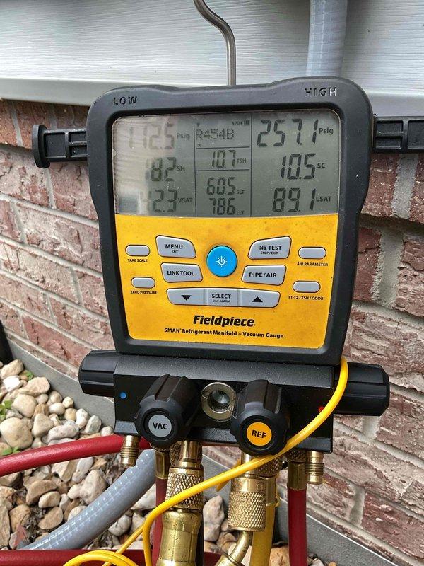 Performed startup and commissioning on newly installed Lennox air conditioning system. Verified system pressures using refrigerant manifold gauges, confirmed proper refrigerant charge levels, and inspected installation quality to ensure all components were properly installed and functioning. System operational and ready for service.