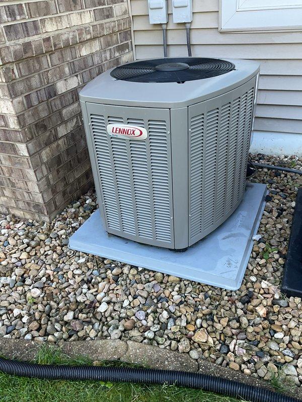 Completed prepaid maintenance package AC clean and check on Lennox outdoor condensing unit. Found condenser coil heavily soiled with dirt and debris accumulation restricting airflow. Thoroughly cleaned condenser coil and verified proper system operation upon completion.