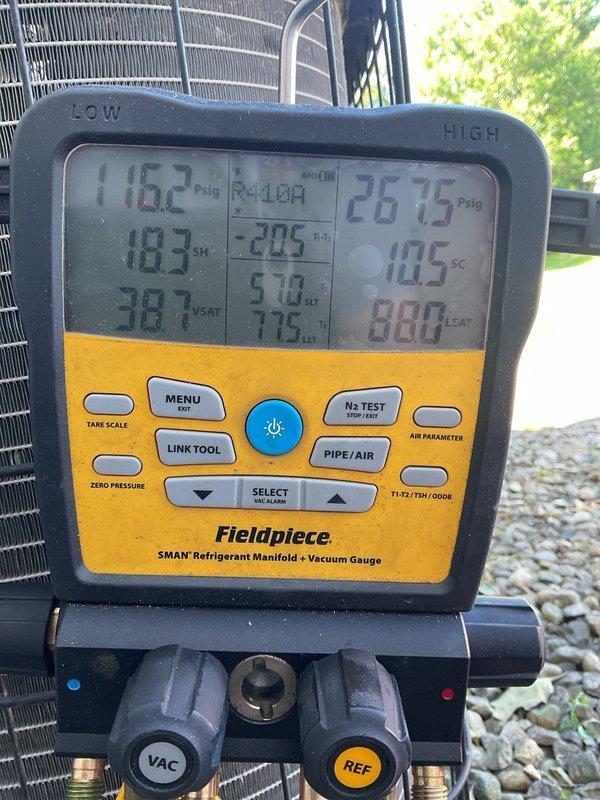 # HVAC Service Call - No Cooling Complaint

Responded to service call for York air conditioning unit not producing cold air. Upon arrival, conducted diagnostic assessment of 10+ year old system experiencing cooling failure.

## Diagnostic Findings

Connected Fieldpiece SMAN refrigerant manifold gauge set to service ports to evaluate system pressures and temperatures. Recorded operating pressures of 116.2 psig on low side and 207.5 psig on high side. Multiple temperature readings captured including 103°F ambient, with superheat reading of 38.1°F and subcooling of 88.8°F. These readings indicated abnormal operating conditions requiring further investigation.

## Work Performed

Performed comprehensive system evaluation including:
- Refrigerant pressure testing on both high and low side service ports
- Temperature differential measurements across evaporator coil
- Superheat and subcooling calculations to determine refrigerant charge status
- Visual inspection of outdoor condensing unit fo