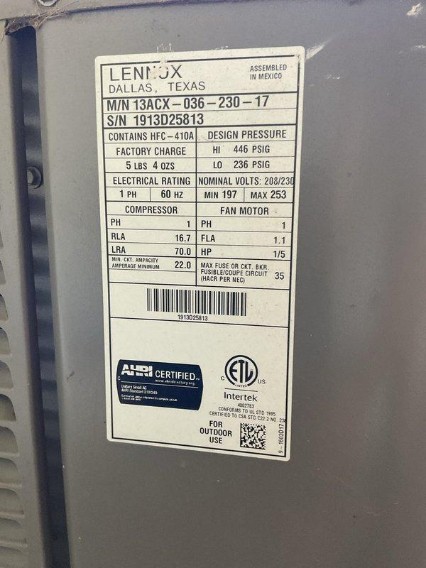 # HVAC Service Call - No Cooling Complaint

Responded to service call for Lennox model 13ACX-036-230-17 air conditioning unit with no cooling complaint. Unit is a 3-ton, single-phase system utilizing R-410A refrigerant with a manufacture date of 2019, making it approximately 5-6 years old. Upon arrival, performed visual inspection of outdoor condensing unit which showed normal physical condition with standard accumulation of outdoor debris on top grille.

## Diagnostic Procedures Performed

Conducted comprehensive system evaluation beginning with electrical component testing. Verified power supply to unit measuring voltage at disconnect, confirming electrical feed within acceptable range per nameplate specifications (197-253V). Tested compressor operation - compressor RLA rated at 16.7 amps with LRA of 70.0 amps. Checked condenser fan motor function, rated at 1.1 FLA with 1/5 HP capacity.

Performed refrigerant system diagnostics including pressure readings on both high and low sides. 