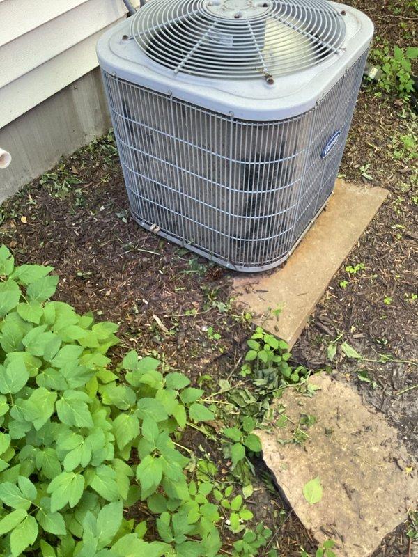 Performed comprehensive air conditioning tune-up on outdoor condenser unit. Replaced failed capacitor, cleaned heavily soiled condenser coils with significant dirt and debris accumulation, and removed obstructions including bird nest from unit. Added refrigerant to correct low charge level, installed fresh air filter, and washed down entire unit. System inspected and passed operational testing, meeting all performance standards required for state survey compliance.