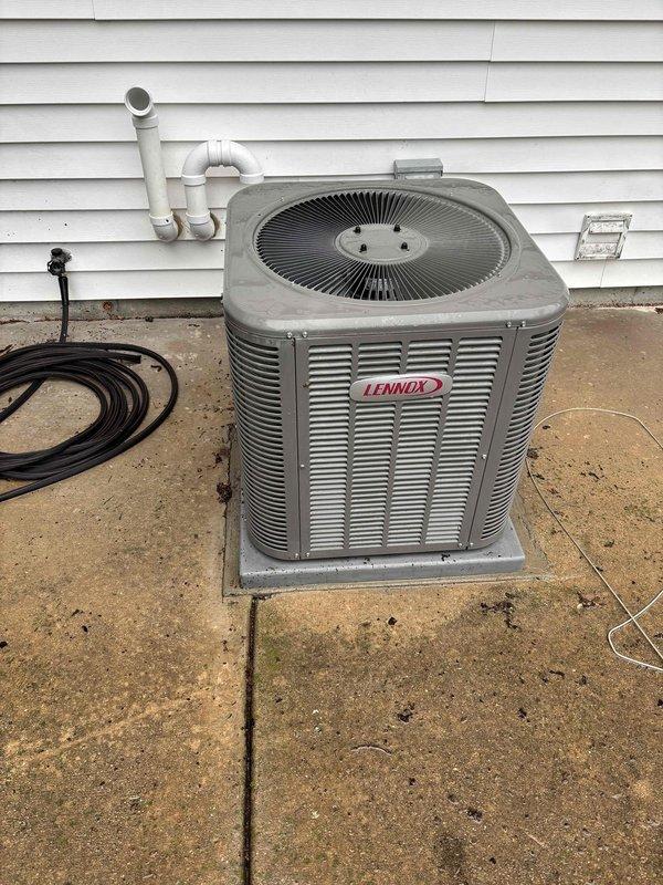 Performed comprehensive air conditioning clean and check on Lennox condensing unit. Found condenser coil heavily soiled with debris, restricting airflow and reducing system efficiency. Thoroughly cleaned condenser coil to restore proper heat transfer and optimize cooling performance. Verified system pressures and temperatures using digital manifold gauges, confirming unit operating within manufacturer specifications following service completion.