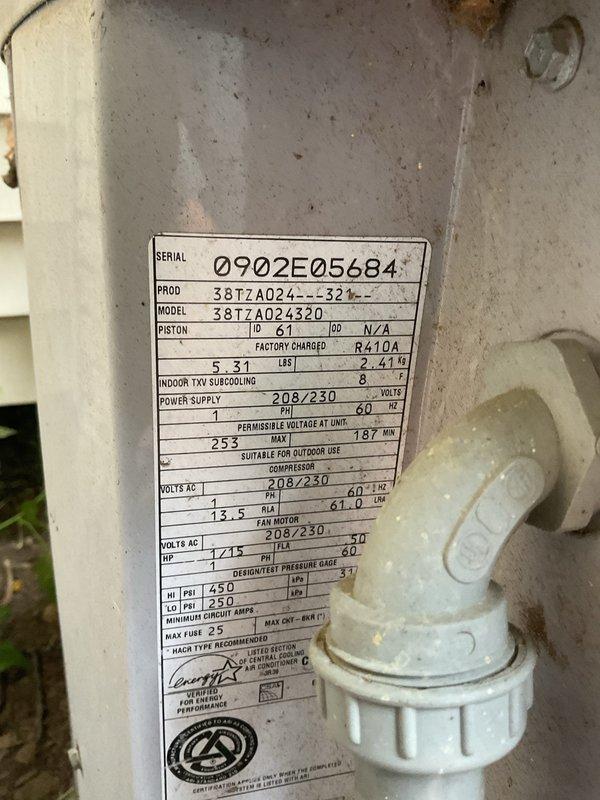Responded to no cooling complaint on Carrier model 38TZA024 condensing unit. Found outdoor fan motor not operating and condenser coil heavily soiled with debris. Diagnosed failed dual run capacitor preventing compressor and condenser fan operation. Replaced defective capacitor with properly rated replacement and performed complete condenser coil rinse-down to restore airflow and heat transfer efficiency. System tested and restored to normal cooling operation.
