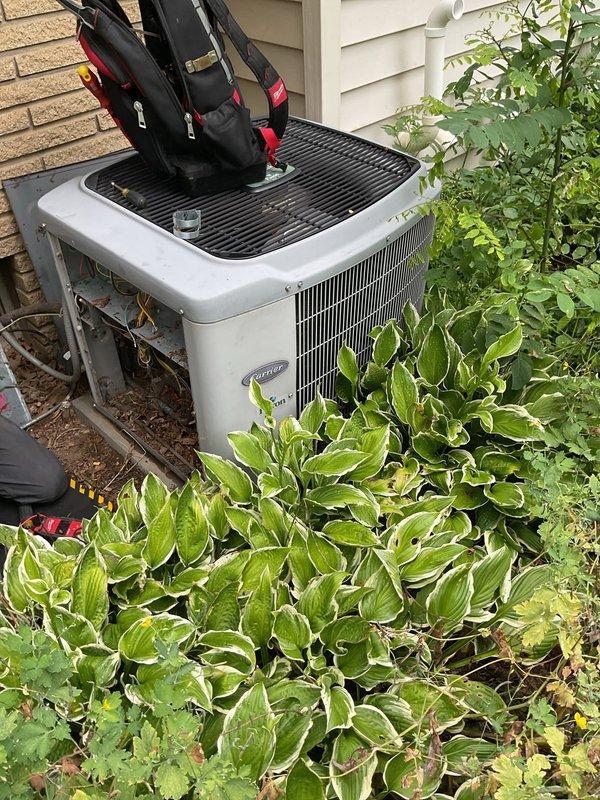 Responded to no cooling complaint on Carrier model 38TZA024 condensing unit. Found outdoor fan motor not operating and condenser coil heavily soiled with debris. Diagnosed failed dual run capacitor preventing compressor and condenser fan operation. Replaced defective capacitor with properly rated replacement and performed complete condenser coil rinse-down to restore airflow and heat transfer efficiency. System tested and restored to normal cooling operation.