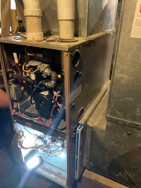 Responded to service call for a non-operational 9-year-old furnace during scheduled heating maintenance appointment. Upon inspection, diagnosed a failed electronic control board (model 679508/1162-202) as the cause of system failure. Ordered replacement control board with plans to return for installation once part arrives.