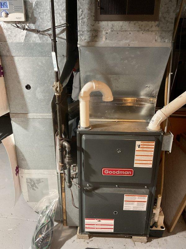 Completed prepaid maintenance inspection on Goodman furnace and air conditioning system. During furnace inspection, discovered significant accumulation of debris and fibrous material within the unit's blower compartment, which was removed to restore proper airflow and system efficiency. Performed comprehensive cleaning of both systems, verified all electrical connections, inspected refrigerant lines, condensate drainage, and exhaust venting. All components are now operating within normal parameters.