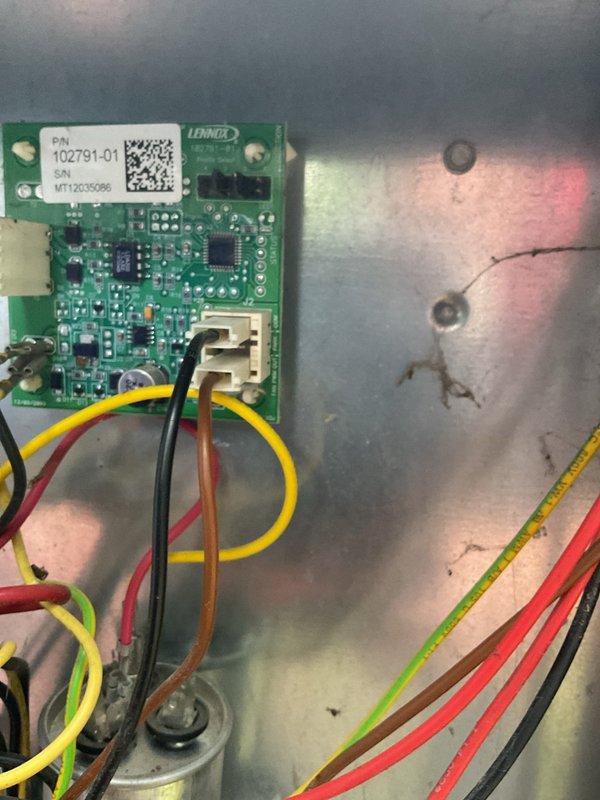 Responded to no cooling call on 2012 Lennox system that sustained lightning damage. Inspected attic-mounted air handler and control board, which showed evidence of electrical damage from lightning strike. Documented system condition with photos of air handler installation and damaged control board (part #02791-01). Customer informed of extent of damage and opted to pursue system replacement rather than repair due to age of equipment and severity of lightning-related failure.