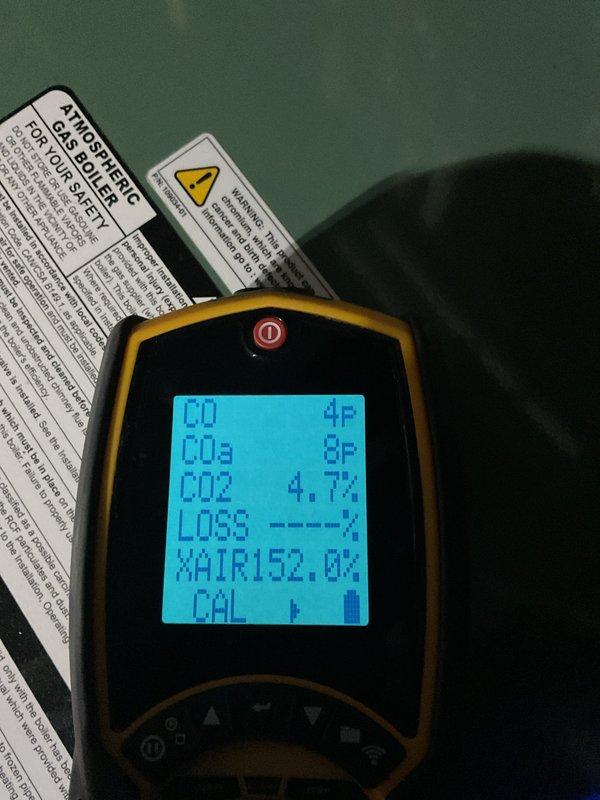 Performed comprehensive clean and check on recently installed boiler system, confirming all components operating within manufacturer specifications. Conducted combustion analysis showing CO levels at 4 ppm and CO2 at 4.1%, indicating proper burner efficiency and safe operation. Inspected expansion tank, circulator connections, and all copper and PVC piping for leaks or wear, finding system in excellent condition with no immediate service needs identified.