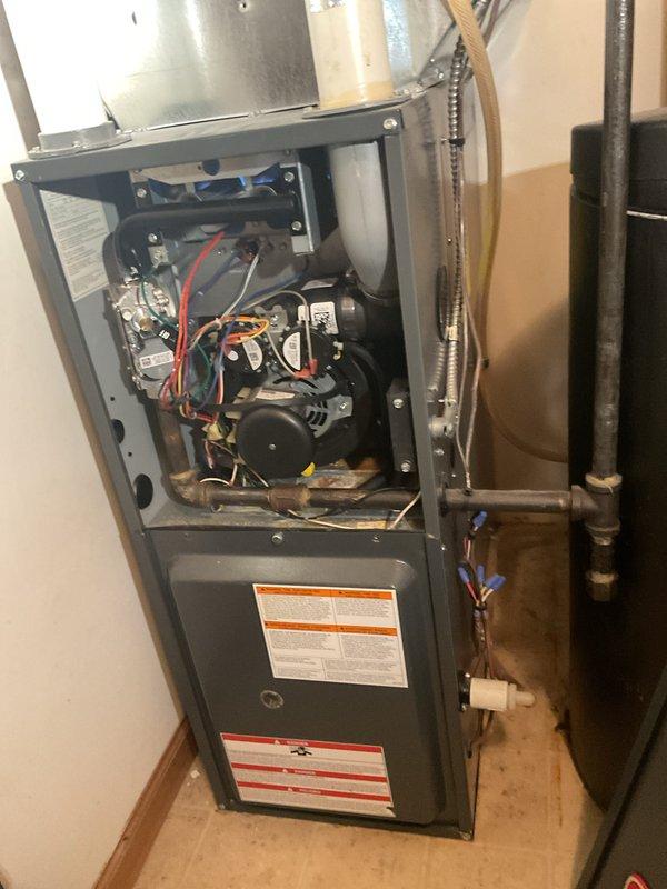 Completed comprehensive furnace clean and check maintenance service on residential forced-air heating system. Removed access panels to inspect internal components including blower motor assembly, gas valve, control boards, electrical connections, and wiring harness. All colored wiring connections were verified secure with no signs of deterioration or loose terminals. Blower motor and housing inspected and found in good operational condition. Gas line connections checked for proper installation and safety compliance. Unit exterior and interior components showed no visible signs of excessive wear, damage, or safety concerns at time of service.