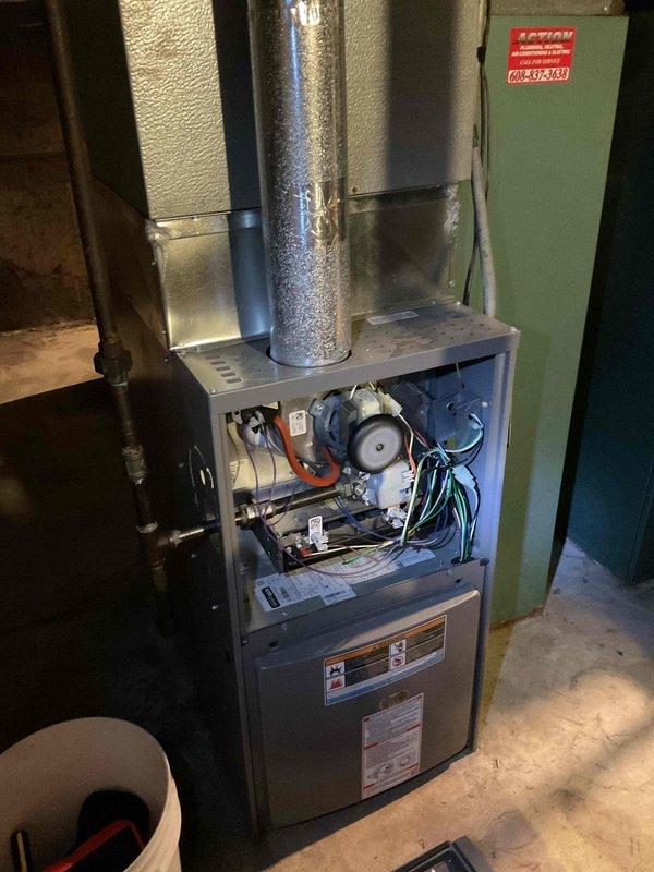 Responded to no heat call and found 2023 Lennox 80% efficiency furnace operating normally upon arrival. Performed basic cleaning and system check of all components, including blower motor, electrical connections, and control boards. Unit tested and confirmed functioning properly with no issues identified at time of service.