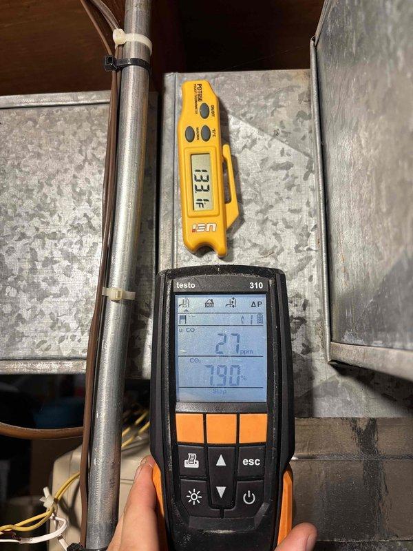 Completed furnace cleaning and tune-up inspection, verifying proper combustion with readings of 27 ppm and stack temperature of 133°F. Replaced air filter and inspected humidifier system, addressing customer's concerns regarding humidifier operation and ensuring all components are functioning within manufacturer specifications.