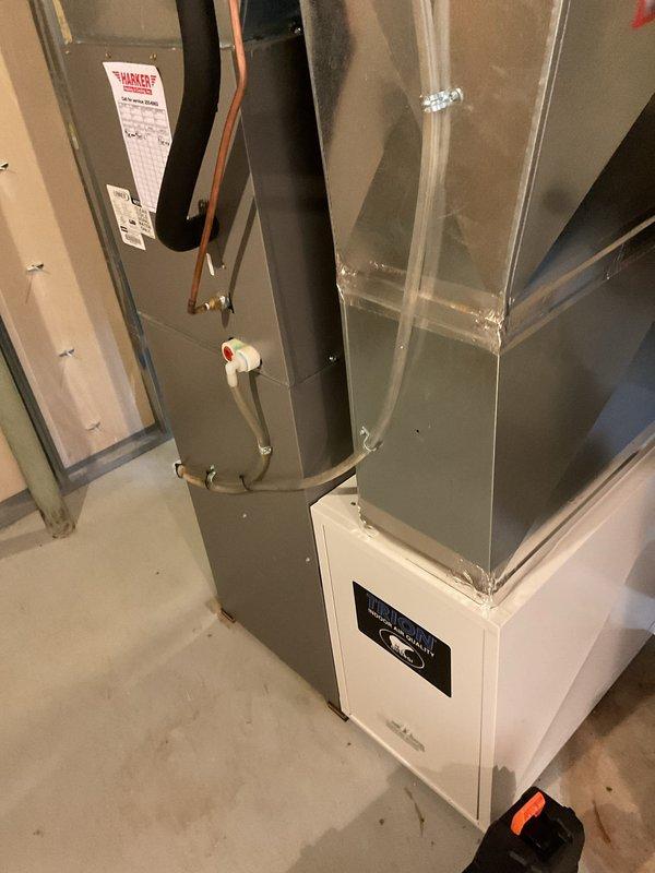 Completed comprehensive furnace tune-up including inspection and cleaning of all major components. Verified igniter resistance at 50 ohms, confirmed blower motor operation, and measured combustion at 11 ppm CO. Inspected and tightened electrical connections, checked pressure switch ports, and blew out header box. Cleaned flame sensor and drain trap, replaced air filter and humidifier panel, and reset humidifier control board. Added vinegar to condensate pump for maintenance and applied lubricant to combustion blower motor to eliminate operational noise. Unit operating normally upon completion with all safety checks passed.