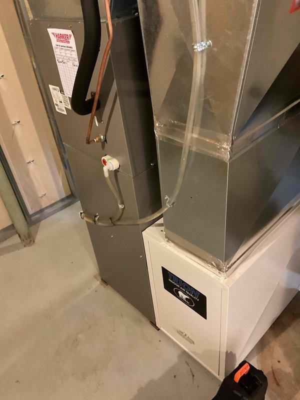 Completed comprehensive furnace tune-up including inspection and cleaning of all major components. Verified igniter resistance at 50 ohms, confirmed blower motor operation, and measured combustion at 11 ppm CO. Inspected and tightened electrical connections, checked pressure switch ports, and blew out header box. Cleaned flame sensor and drain trap, replaced air filter and humidifier panel, and reset humidifier control board. Added vinegar to condensate pump for maintenance and applied lubricant to combustion blower motor to eliminate operational noise. Unit operating normally upon completion with all safety checks passed.