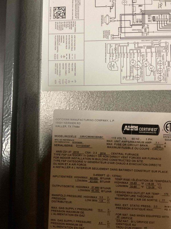 Completed comprehensive furnace tune-up on Goodman GMVC960603BNBC unit. Performed full system inspection including electrical connections, blower assembly, and combustion analysis with CO reading at 9 ppm and temperature rise at 48°F. Cleaned flame sensor, blew out pressure switch ports and header box, tightened electrical connections, and serviced drain trap. System operating in good condition with all components functioning within manufacturer specifications.