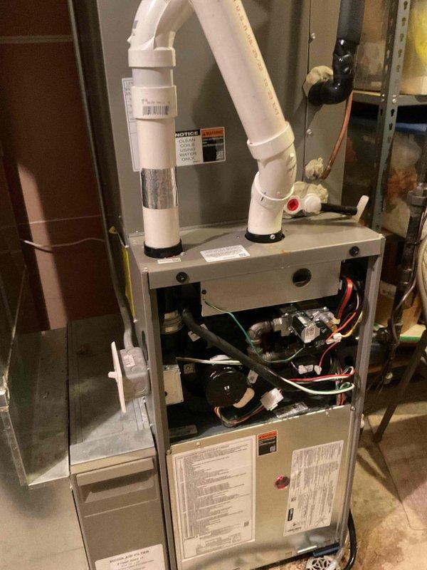 Completed preventive maintenance tune-up on 2022 Lennox residential furnace system. Performed comprehensive cleaning of unit components, inspected all electrical connections and wiring, verified proper operation of control board and safety devices, and checked condensate drainage system including PVC trap configuration. All systems tested and confirmed operating within manufacturer specifications with no deficiencies noted.