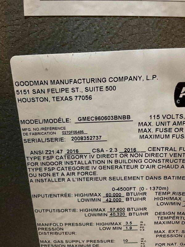 Completed prepaid furnace tune-up on Goodman GMEC960603BNBB unit. Inspected and cleaned burners, flame sensor, and drain trap; tightened control board connections and inspected all electrical connections and blower switch ports. Verified operational performance with high fire delta T of 48°, CO output at 9 PPM on first stage and 13 PPM on second stage, blower motor spinning freely with minimal buildup, and all components functioning properly.