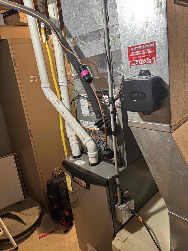 Completed scheduled furnace clean and check maintenance visit for Rewards Member. Performed comprehensive inspection and cleaning of residential HVAC system, including furnace unit, ductwork, and associated components. Verified system operation, checked refrigerant lines, inspected condensate pump, and documented equipment condition with photos. All systems operating within normal parameters.