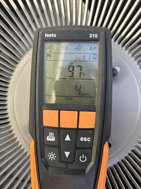 Completed furnace clean and check maintenance service. Performed combustion analysis using Testo 310 analyzer, recording oxygen levels at 97% and carbon monoxide at 4 ppm, indicating proper combustion efficiency. Measured supply air temperature at 53.5°F and return air temperature at 75.6°F to verify system operation and airflow performance.