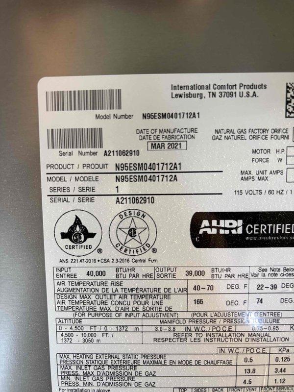 Completed routine maintenance on International Comfort Products natural gas furnace, model N95ESM0401712A1 (40,000 BTU input). Performed comprehensive cleaning and inspection of all components, verified combustion efficiency using Testo 310 analyzer with readings of 7.4% O2 and 15.7% CO2, and confirmed unit is operating within manufacturer specifications.