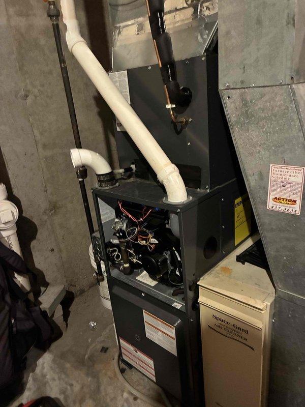 Completed furnace clean and check maintenance visit for rewards member. Found dirty filter during inspection and replaced with customer-supplied filter. Performed thorough cleaning and inspection of furnace unit with front access panel removed to verify proper operation of internal components, wiring, and mechanical systems.