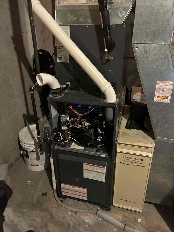Completed furnace clean and check maintenance visit for rewards member. Found dirty filter during inspection and replaced with customer-supplied filter. Performed thorough cleaning and inspection of furnace unit with front access panel removed to verify proper operation of internal components, wiring, and mechanical systems.