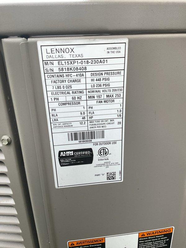 Responded to no cooling complaint on 2022 Lennox EL15XP1-018-230A01 system blowing warm air. Performed diagnostic inspection including verification of refrigerant charge levels, air filter condition, condensate drain line functionality, and outdoor condenser unit operation. Investigated potential thermostat compatibility issues following recent thermostat replacement to determine if improper wiring or configuration was contributing to system malfunction.