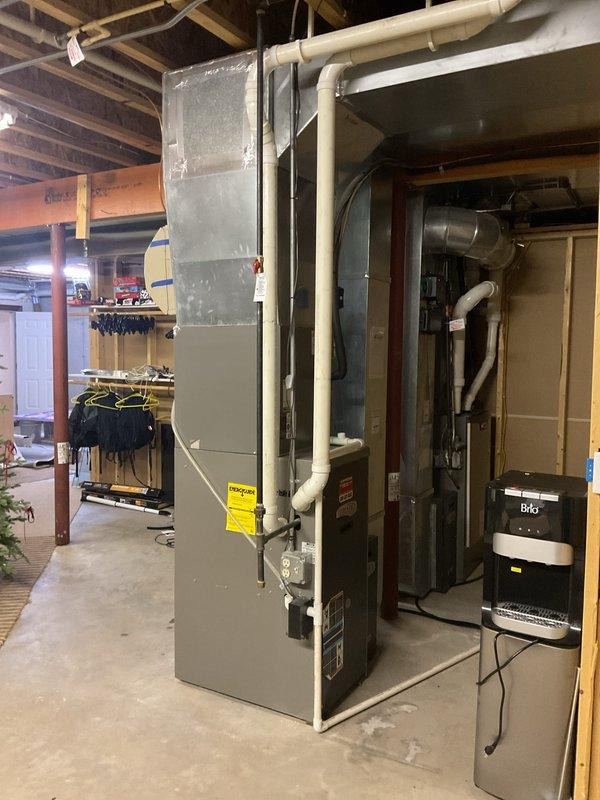 Completed furnace clean and check maintenance on two heating units in basement mechanical room. Performed comprehensive tune-up including inspection of air handler, furnace components, ductwork connections, and all associated electrical and gas connections. Winterized outdoor bathroom plumbing system by draining water lines, closing shut-off valves, and ensuring all CPVC/PEX piping protected against freezing temperatures.