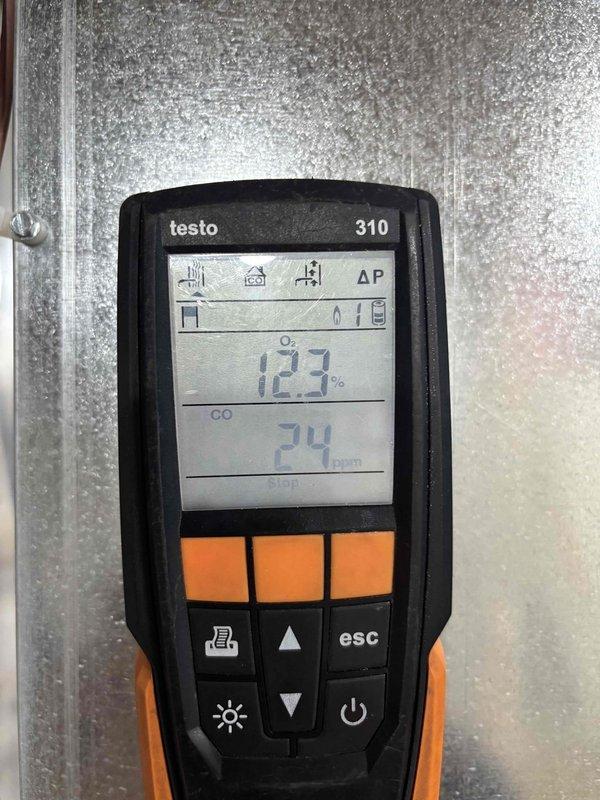 Completed comprehensive furnace tune-up including full system cleaning and inspection. Performed combustion analysis using Testo 310 analyzer, recording oxygen levels at 12.3% and carbon monoxide at 24 ppm, confirming safe operation within acceptable parameters. Measured supply and return air temperatures at multiple points, documenting temperature differential across the heat exchanger to verify proper system performance and efficiency.
