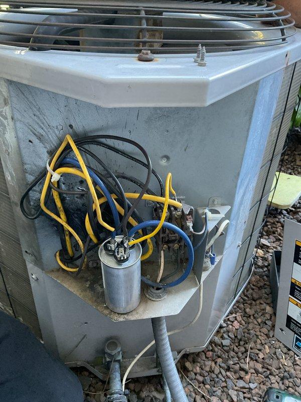 Responded to service call for air conditioning unit not turning on or blowing air. Upon arrival, performed system diagnostics and inspected the outdoor condenser unit and electrical disconnect box. Found failed capacitor preventing compressor and fan motor operation. Replaced defective capacitor with proper rated replacement, verified all electrical connections were secure, and tested system for proper operation. Unit now cooling normally and ready for next cooling season.