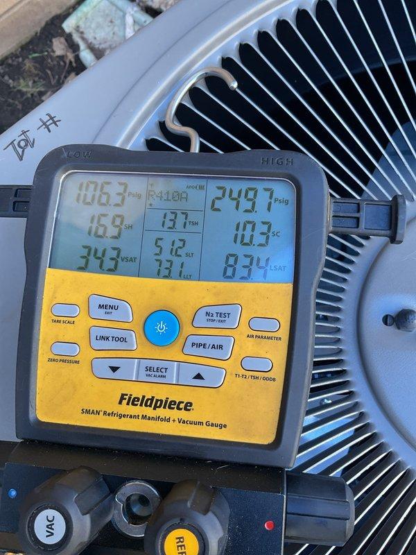 Responded to complaint of excessive noise from unit 202 air handler described as sounding like an airplane. Accessed attic-mounted air handler and diagnosed blower motor operating at incorrect CFM setting. Adjusted blower speed configuration from excessively high setting to manufacturer-specified parameters appropriate for the system. Verified proper airflow and quiet operation after adjustment. Checked system pressures and temperatures at outdoor condensing unit to confirm normal operating conditions following blower speed correction.
