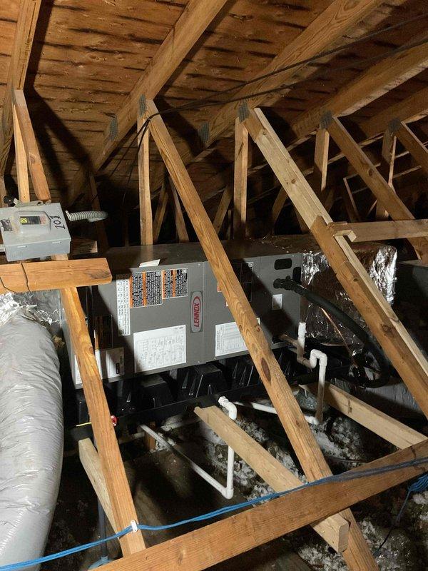 Responded to complaint of excessive noise from unit 202 air handler described as sounding like an airplane. Accessed attic-mounted air handler and diagnosed blower motor operating at incorrect CFM setting. Adjusted blower speed configuration from excessively high setting to manufacturer-specified parameters appropriate for the system. Verified proper airflow and quiet operation after adjustment. Checked system pressures and temperatures at outdoor condensing unit to confirm normal operating conditions following blower speed correction.
