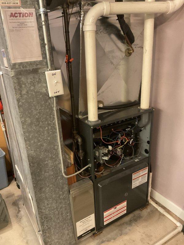 Completed furnace clean and check maintenance service. Performed comprehensive inspection of heating system, verified proper operation of all components including blower motor, heat exchanger, and control board. Cleaned burner assembly, checked gas connections, and confirmed adequate combustion and venting through PVC piping system. Filter housing and air flow pathways inspected and found in satisfactory condition.