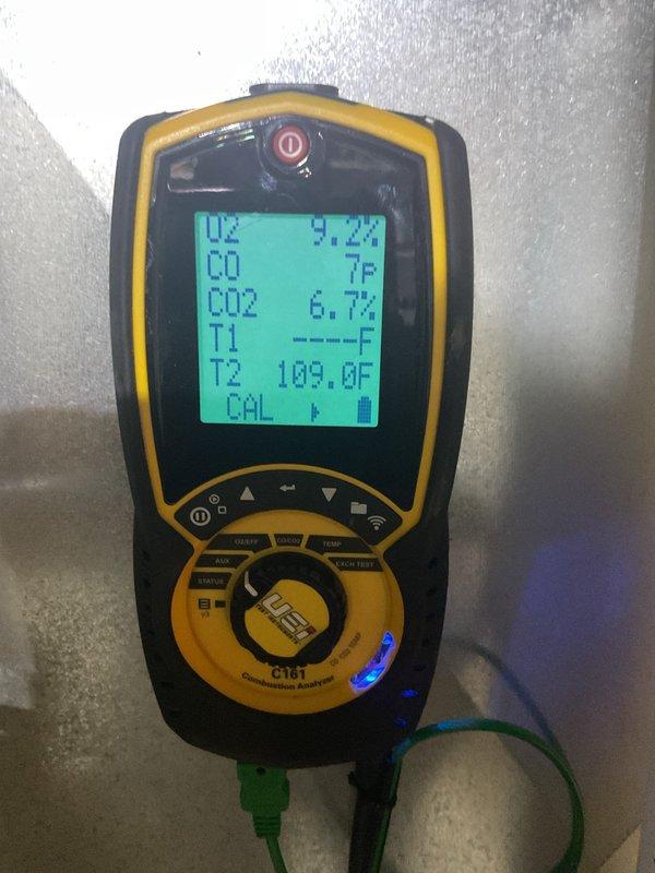Performed comprehensive heating maintenance on 11-year-old Lennox furnace system including basic cleaning and operational check. Conducted combustion analysis testing to evaluate system efficiency and safety parameters, measuring oxygen levels, carbon monoxide, carbon dioxide, flue gas temperatures, and combustion air readings. Inspected whole home humidifier system for proper operation and assessed previously identified concerns including damaged PVC condensate piping and undersized exhaust vent configuration that may be contributing to condensation issues and rust formation within the unit.