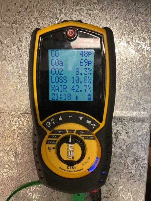 Performed annual heating maintenance on a 2021 Goodman furnace, including a basic cleaning and inspection of the unit. Conducted combustion analysis with a digital analyzer, with readings of CO at 46–48 ppm, CO2 at 8.2–8.3%, O2 at 6.6%, and stack loss at 10.8%, all within acceptable operating ranges. Furnace operating normally at completion, with no abnormal conditions observed.
