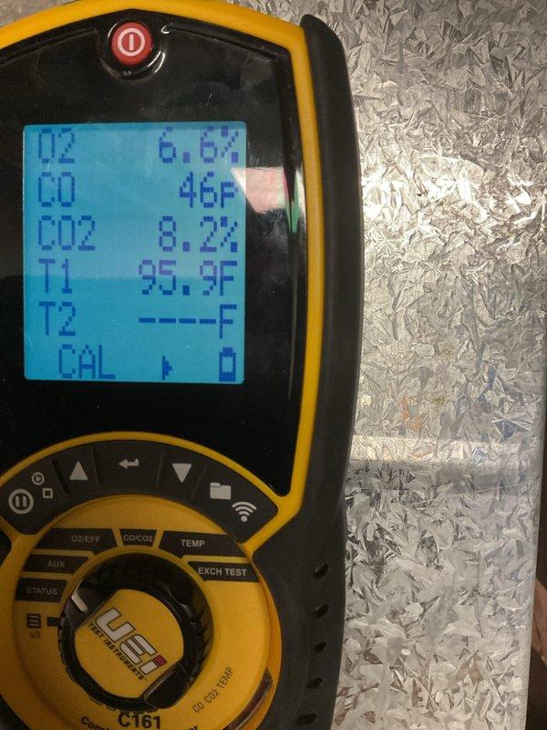 Performed annual heating maintenance on a 2021 Goodman furnace, including a basic cleaning and inspection of the unit. Conducted combustion analysis with a digital analyzer, with readings of CO at 46–48 ppm, CO2 at 8.2–8.3%, O2 at 6.6%, and stack loss at 10.8%, all within acceptable operating ranges. Furnace operating normally at completion, with no abnormal conditions observed.