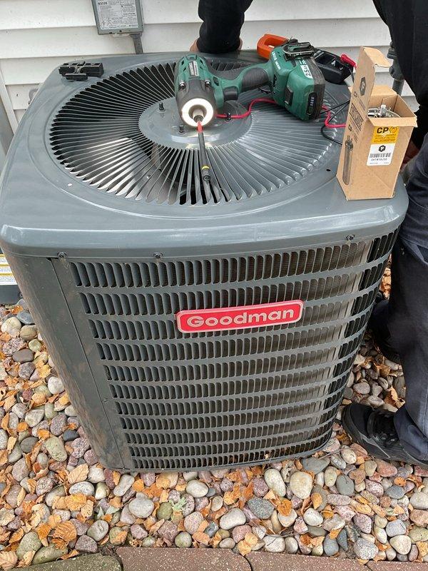 Responded to a no-cooling complaint on a Goodman condenser and diagnosed a failed 50/5 µF, 440VAC dual run capacitor. Replaced the defective capacitor, restoring proper condenser operation and cooling. Cleaned the unit and completed an inspection of the furnace, which was found to be operating normally.
