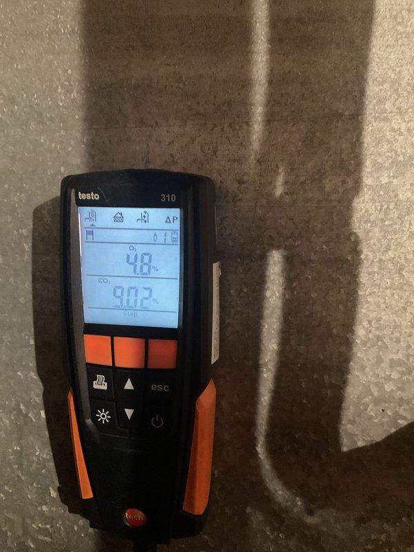 Performed a routine furnace tune-up, including basic maintenance and inspection of the unit. Verified safe, efficient operation using a Testo 310 combustion analyzer, with readings of 4.8% O₂, 9.02% CO₂, and 5.4 ppm CO, all within normal operating parameters.