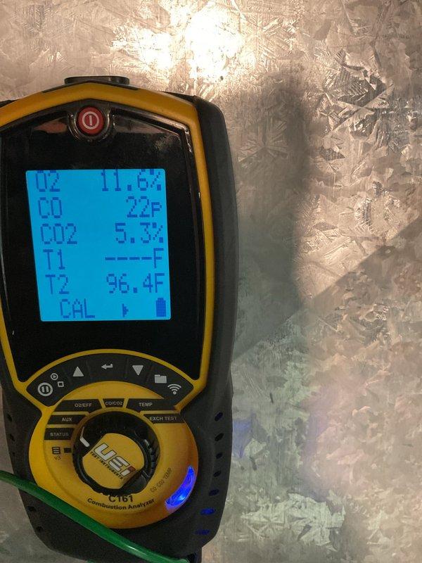 Performed a cleaning and operational inspection on the Goodman furnace, including a basic cleaning of accessible components and verification of safe, proper operation. Conducted combustion analysis with a calibrated analyzer, recording CO at 21-22 ppm, CO2 at 5.3%, and O2 at 11.6%, with all readings within acceptable operating parameters. No deficiencies or required repairs were identified during the service.