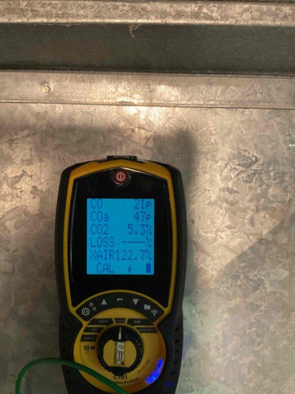 Performed a cleaning and operational inspection on the Goodman furnace, including a basic cleaning of accessible components and verification of safe, proper operation. Conducted combustion analysis with a calibrated analyzer, recording CO at 21-22 ppm, CO2 at 5.3%, and O2 at 11.6%, with all readings within acceptable operating parameters. No deficiencies or required repairs were identified during the service.