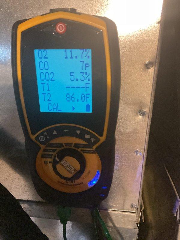 Performed annual fall heating maintenance on a 15-year-old Ruud furnace, including cleaning and a full operational inspection. Verified combustion performance with a calibrated combustion analyzer, recording O2 at 11.7%, CO at 7 ppm, and CO2 at 5.2–5.3%, with all readings within acceptable operating ranges. Unit is operating safely and ready for the heating season.