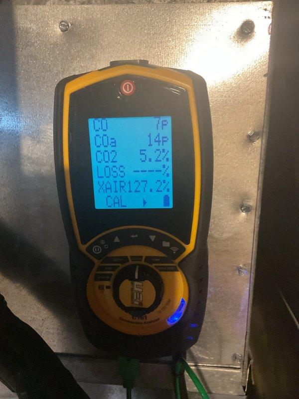 Performed annual fall heating maintenance on a 15-year-old Ruud furnace, including cleaning and a full operational inspection. Verified combustion performance with a calibrated combustion analyzer, recording O2 at 11.7%, CO at 7 ppm, and CO2 at 5.2–5.3%, with all readings within acceptable operating ranges. Unit is operating safely and ready for the heating season.