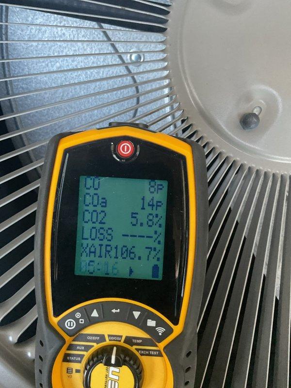 Performed a routine cleaning and operational inspection on a 2013 Lennox gas furnace. Verified combustion performance with a calibrated combustion analyzer, recording O2 at 10.9%, CO at 7 ppm, and CO2 at 5.7%, with CO levels within acceptable limits. The furnace was found to be operating normally with no deficiencies or safety concerns noted.