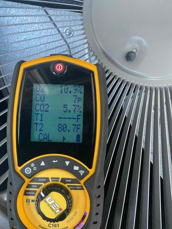 Performed a routine cleaning and operational inspection on a 2013 Lennox gas furnace. Verified combustion performance with a calibrated combustion analyzer, recording O2 at 10.9%, CO at 7 ppm, and CO2 at 5.7%, with CO levels within acceptable limits. The furnace was found to be operating normally with no deficiencies or safety concerns noted.