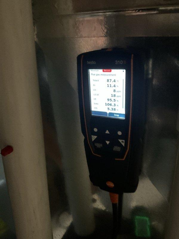 Performed a complete cleaning and inspection of the gas furnace, including the burner assembly, heat exchanger, and associated components, and verified the whole-house humidifier and flue connections were intact. Combustion analysis confirmed operation within factory specifications, with a stack temperature of 87.4°F, O₂ at 11.4%, CO at 8 ppm, CO₂ at 5.38%, and efficiency at 95.5%. The unit is operating safely and efficiently with no deficiencies noted.