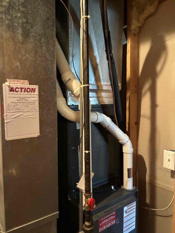 Performed a complete furnace clean and check on a Goodman vertical gas furnace, cleaning the unit and inspecting its components for proper operation. Verified the gas supply line and shutoff valve, PVC venting, and surrounding ductwork were secure and in good condition, with no signs of rust or damage. The system was left clean and operating properly.