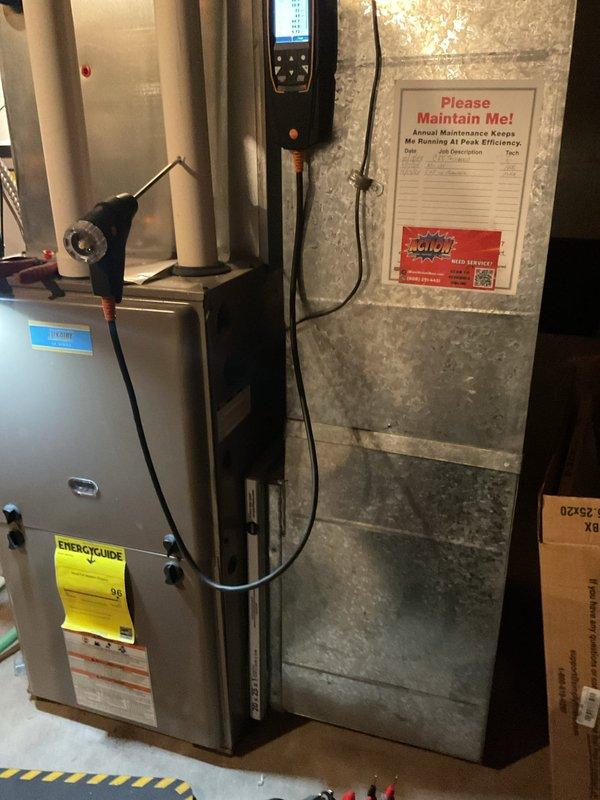 Performed a complete tune-up on a 9-year-old gas furnace, including cleaning and inspection of components and verification of proper operation. Used a combustion analyzer to test combustion performance and confirmed the unit was operating within normal parameters. Inspected the venting, condensate drain, and ductwork for leaks or damage, found no issues, and updated the maintenance notice on the plenum.
