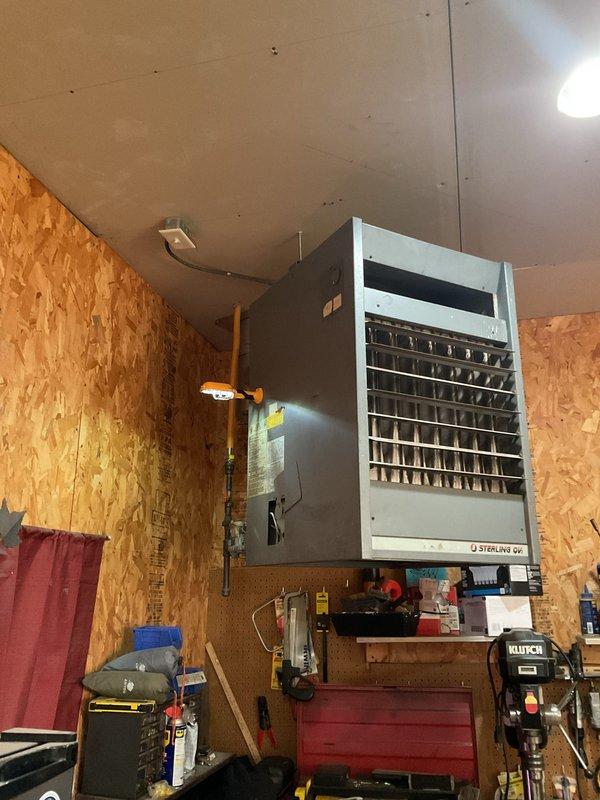Performed a tune-up and cleaning on the furnace, inspecting and verifying proper operation of the ignition, burners, and safety controls. Also serviced the garage unit heater (Sterling, 175,000 BTU/hr input, natural gas, approximately 30+ years old) by inspecting the gas supply connection and shutoff valve, cleaning the unit, and checking heating operation. Unit heater nameplate data was recorded for future reference.