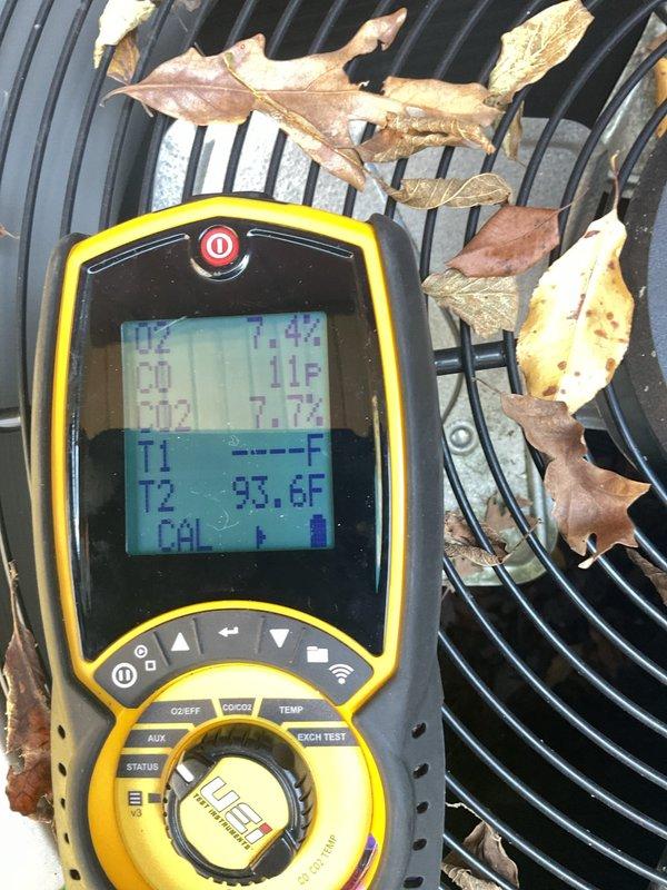 Responded to a no-heat call on a 2012 gas furnace that had not been serviced since installation. Found the flame sensor heavily contaminated and the thermostat batteries depleted, so performed a full cleaning of the unit, including the flame sensor, and addressed the thermostat power issue. After the cleaning, verified normal heating operation with a combustion analysis showing CO at approximately 11 ppm, O2 at 7.4%, and CO2 at 7.7%, confirming the furnace is operating safely and heating properly.